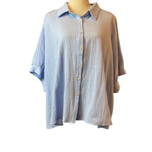 ee:some Dolman Short Sleeve 100% Cotton Boxy Sky Blue Button Up Blouse